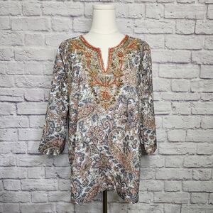 SOFT SURROUNDINGS Philippa Paisley Embroidered Beaded Tunic Top Sz Petite LG